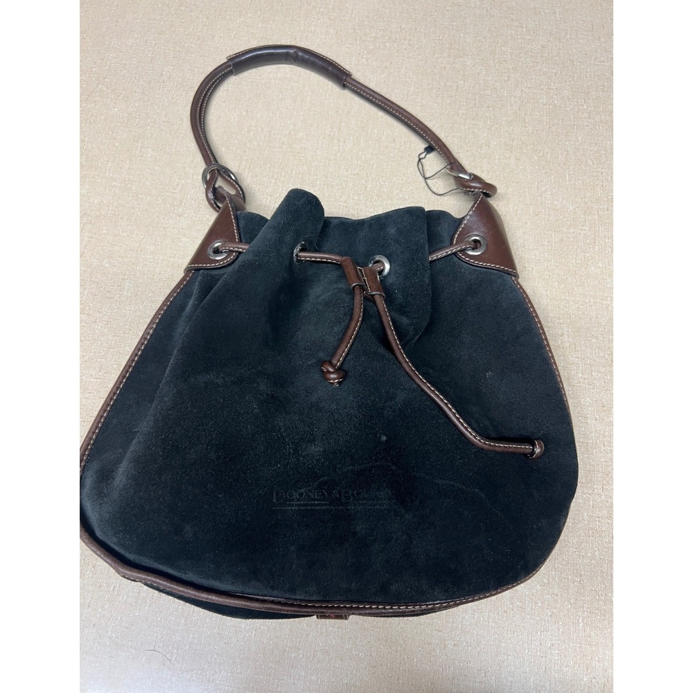 Dooney & Bourke Black Suede Leather Trim Drawstring Bucket Shoulder Bag Vintage